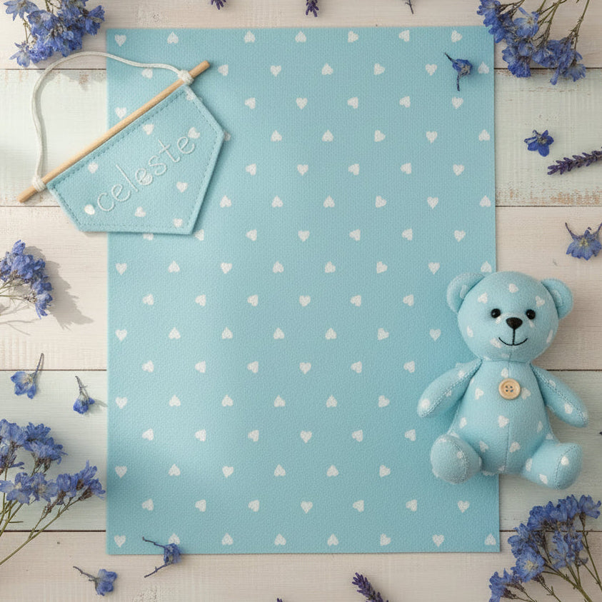 colore azzurro celeste pannolenci feltro sottile morbido stampato fantasia cuoricini bianchi per cucito creativo orso bambola di stoffa tessuto pezza per bambini