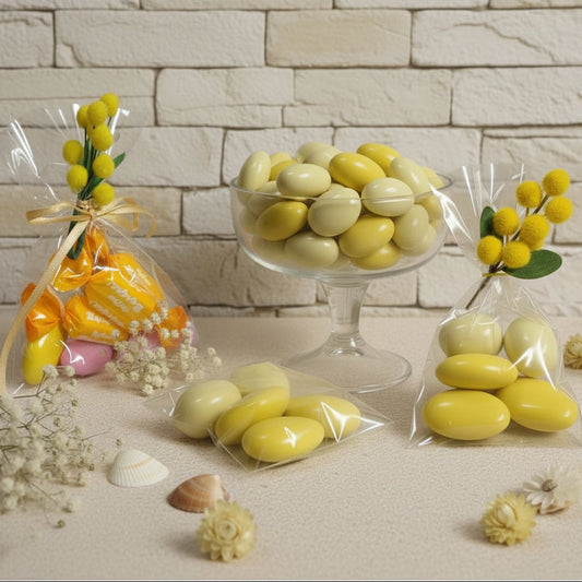 bustina sacchetto confezionato mimosa finta artificiale confezioni confetti gialli cioccolato e gusto limone cioccomandorla caramelle ricordino pensierino gadget regalino festa della donna bomboniere