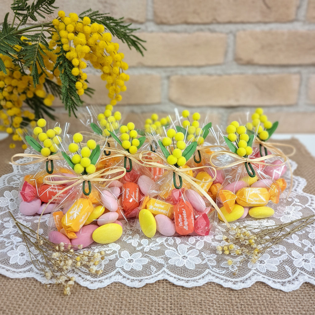 allestimento con bustina sacchetto confezionato mimosa finta artificiale confezioni confetti gialli cioccolato e gusto limone cioccomandorla caramelle ricordino pensierino gadget regalino festa della donna bomboniere