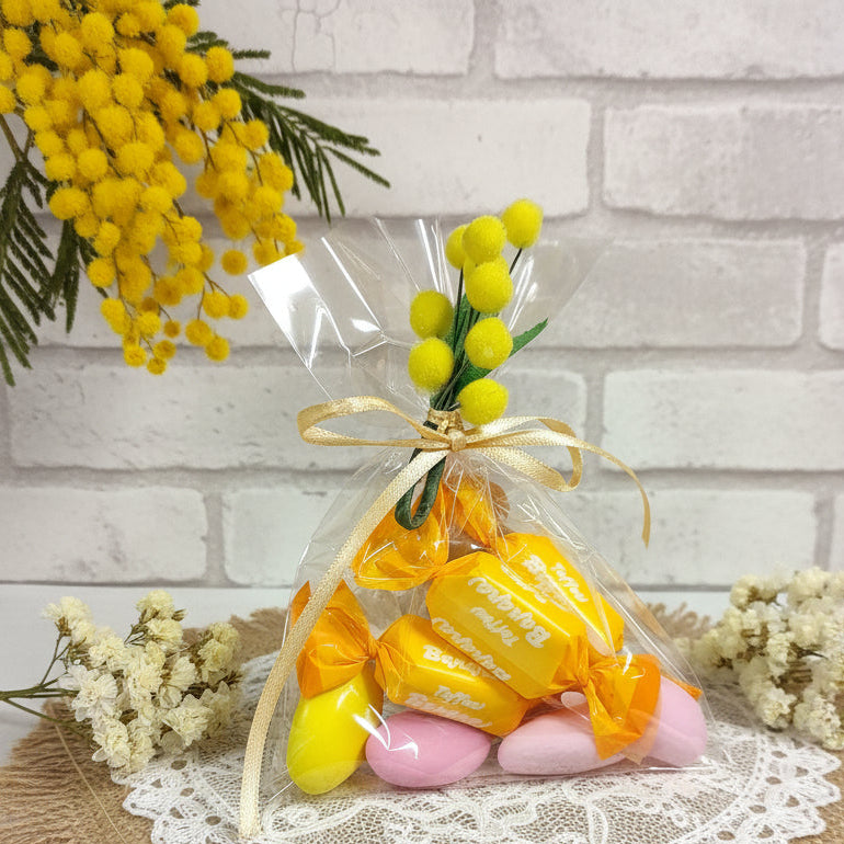 bustina sacchetto confezionato mimosa finta artificiale confezioni caramelle frutta confetti gialli cioccolato e gusto limone cioccomandorla ricordino pensierino gadget regalino festa della donna bomboniere