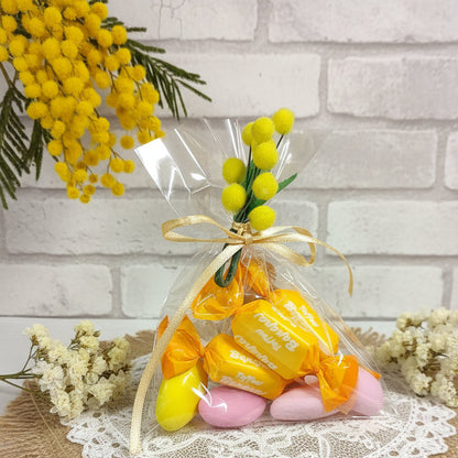 bustina sacchetto confezionato mimosa finta artificiale confezioni caramelle frutta confetti gialli cioccolato e gusto limone cioccomandorla ricordino pensierino gadget regalino festa della donna bomboniere