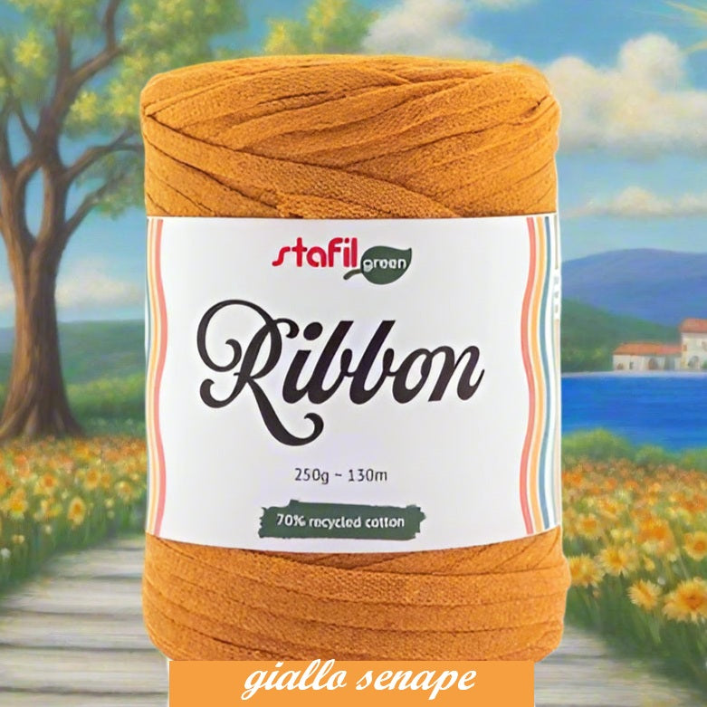 giallo senape corda vuota tubolare piatta ribbon nastro stafil green 250 g 130 m cotone riciclato fettuccia borse uncinetto uso pochette clutch bags crochet cestini confezioni regalo pasquali