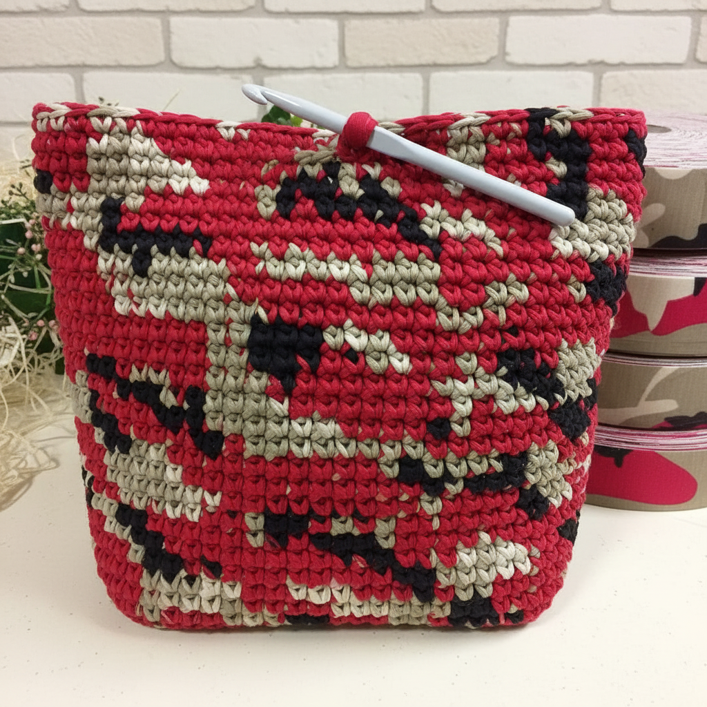 idea esempio borsa con mimetico chiaro scuro fango beige rosso fettuccia di lycra elastica piatta maglina elastane per borse marshmallow uncinetto cestini tappeti cuscini moda 