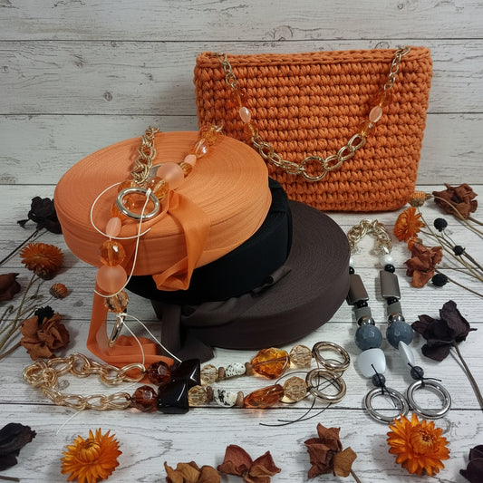 arancione nero marrone, vetrina autunnale kit fettuccia jersey o tulle con manico perle gioiello catena stile bijoux per fare borsa uncinetto pochette