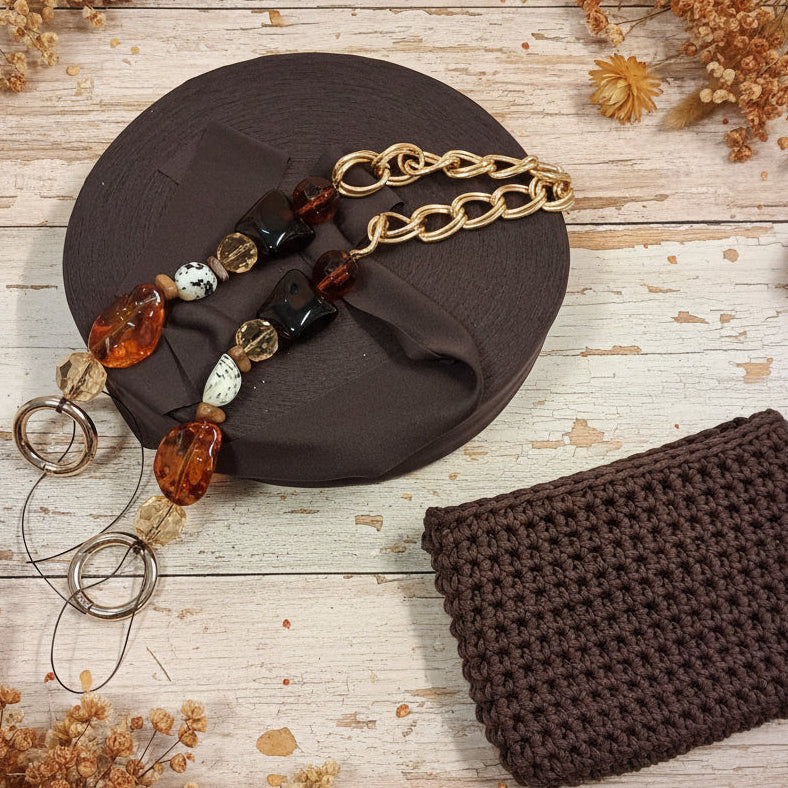 marrone vetrina autunnale kit fettuccia jersey tulle con manico perle gioiello ambra catena stile bijoux per fare borsa uncinetto pochette