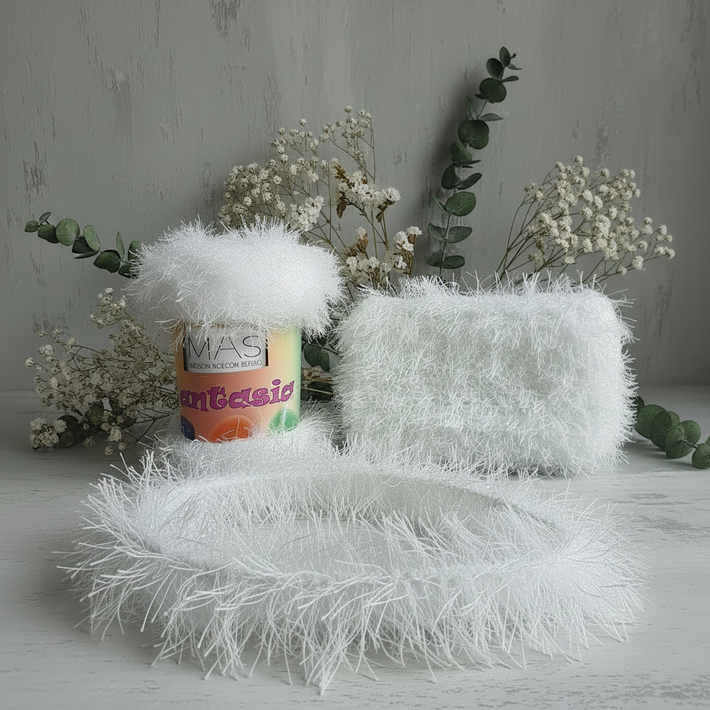 bianco lana con frange MAS cordino fantasia pelosetto pelliccioso ecologico cordoncino per uncinetto borse scaldacollo pochette clutch bags sciarpe stole