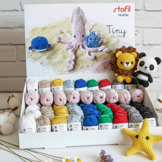 Stafil textile tiny 25 g 47 m gomitoli vetrina filato cotone riciclato ecologico green per amigurumi uncinetto estivi stella di mare polipo
