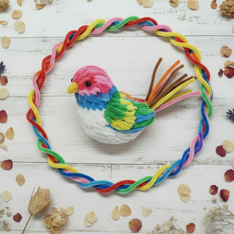 idea creare ghirlanda pasquale uccellino con scovolini ciniglia fili di ferro rivestiti colorati lavoretti creativi bambini