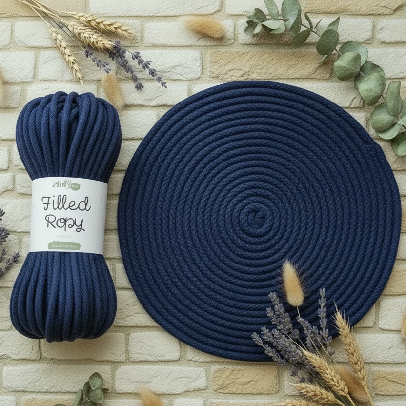 mini tubolare vuoto da riempire blu navy stafil green 250 g 50 metri filled ropy filato uncinetto corda intrecciata cotone riciclato cordoncino macramè crochet rope uso borse idea inizio intreccio tessitura cestino da appendere