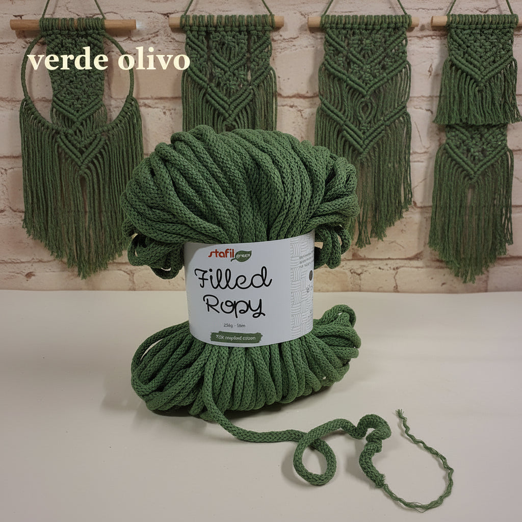 mini tubolare pieno di corda verde olivo stafil green 250 g 50 metri filled ropy filato uncinetto corda intrecciata cotone riciclato cordoncino macramè crochet rope uso borse idea inizio intreccio tessitura arazzo per muro da appendere
