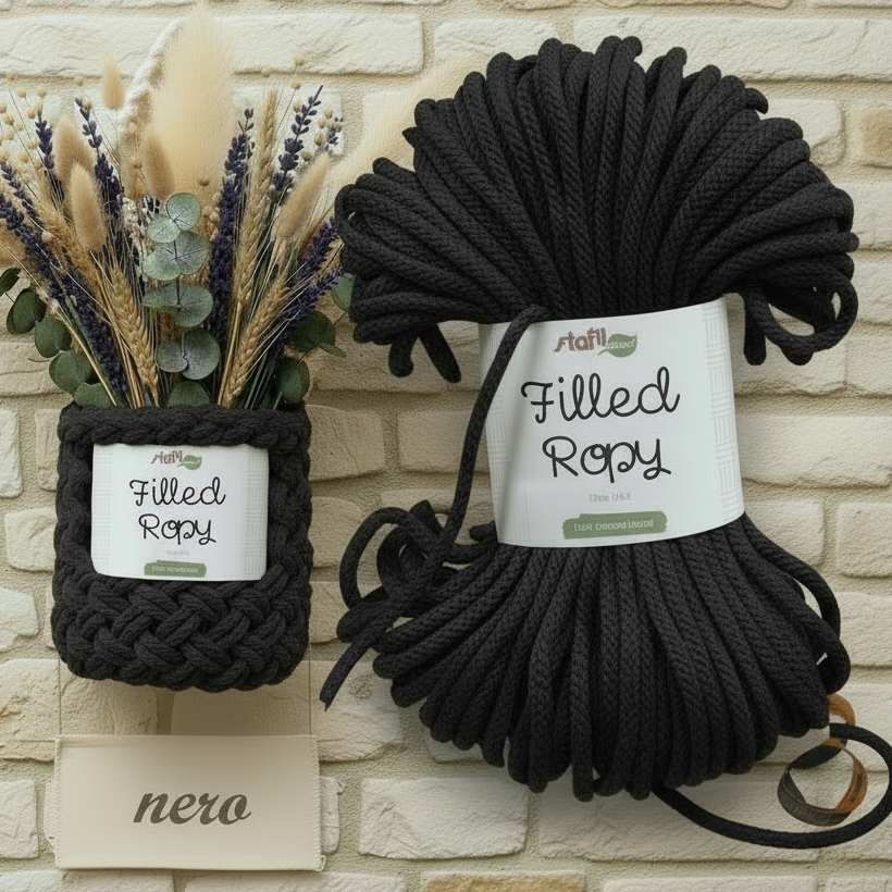 mini tubolare vuoto da riempire nero stafil green 250 g 50 metri filled ropy filato uncinetto corda intrecciata cotone riciclato cordoncino macramè crochet rope uso borse idea inizio intreccio tessitura cestino da appendere