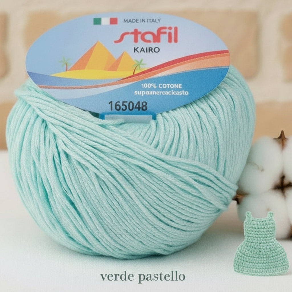 verde pastello filato grosso Stafil kairo italiano lana stock filo di cotone supermercerizzato per uncinetto ferri lavori a maglia 3-4 uso sferruzzare crochet top canotta costumi estivi scialli maglie sandali espadrillas cappelli moda mare abbigliamento amigurumi casa delle bambole