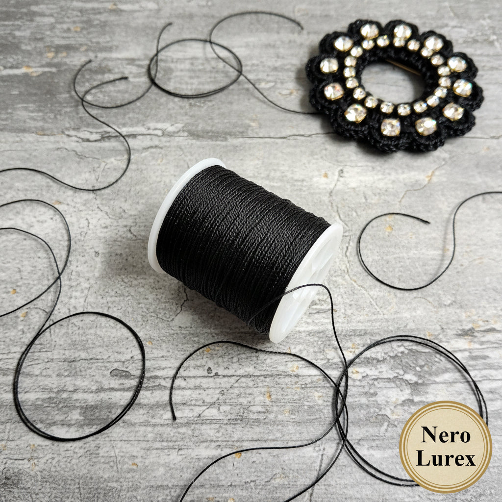 nero su nero filo lurex sottile 0.42 mm brillante luccicante glitterato per gioielli uncinetto con cristalli