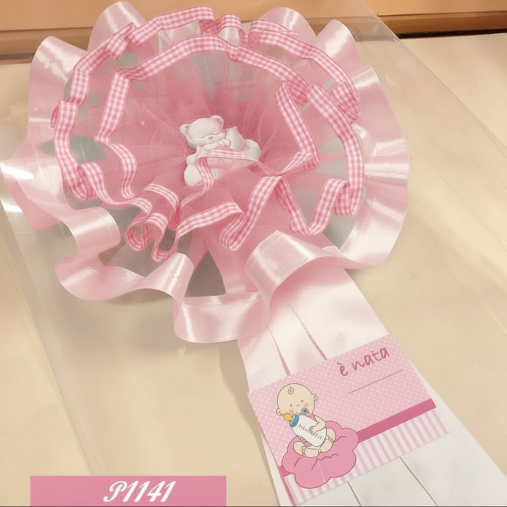 fiore rosa femminuccia bimba coccarda grande fiocco da nascita originale da esterno lungo di nastro