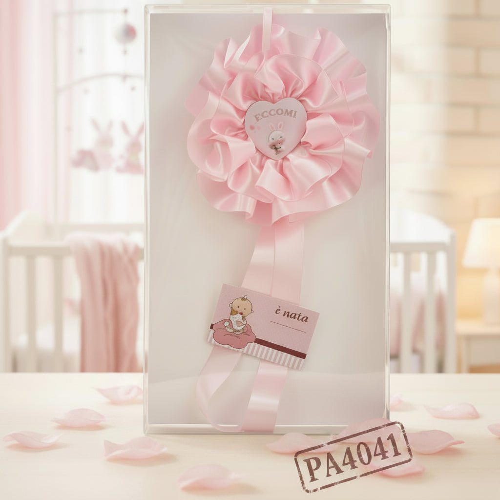 cuoricino rosa è nata neonata bebè coccarda grande fiocco da nascita originale da esterno o cameretta lungo di nastro per femminuccia cartoncino da personalizzare biberon