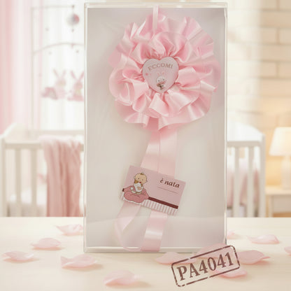 cuoricino rosa è nata neonata bebè coccarda grande fiocco da nascita originale da esterno o cameretta lungo di nastro per femminuccia cartoncino da personalizzare biberon