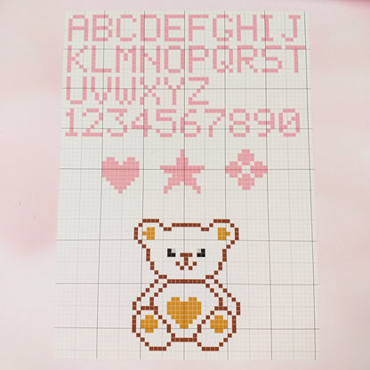 schemi orsetto cuore stella cornice alfabeto numeri per rosa bimba femminuccia coccarda nascita fiocco da ricamare punto croce tela aida stoffa cotone per fuoriporta