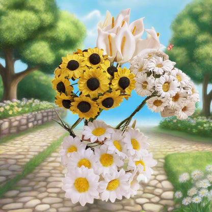 fiori bomboniere fai da te fiorellini di girasole mazzolino bouquet calle margherite di carta e stoffa uso hobbistica creativa composizioni pasquali confezionamento packaging regali chiudipacco segnaposto matrimonio comunione