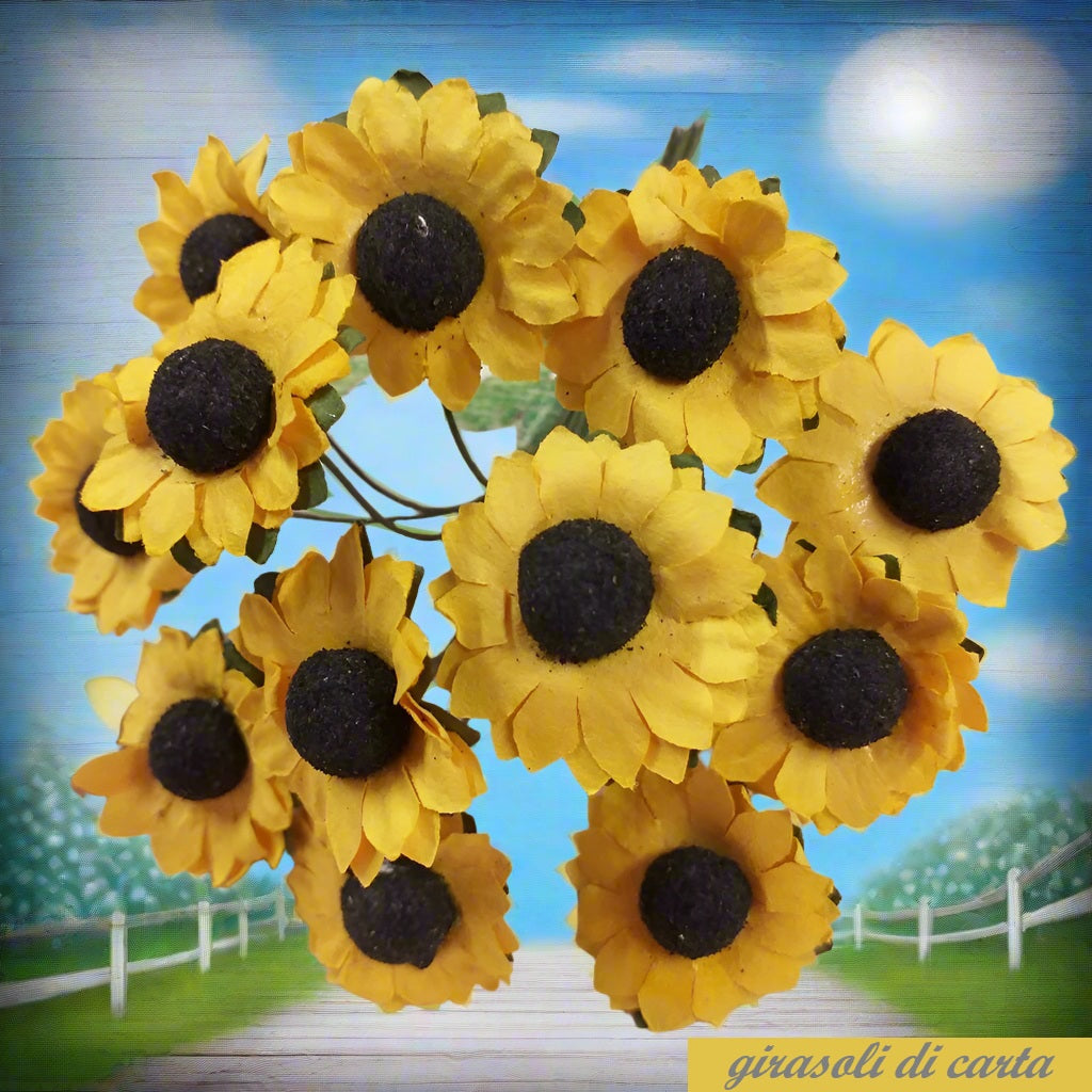 mazzetto girasoli carta 22 mm stelo gambo per bomboniere fai da te fiorellini confezionamento portaconfetti matrimonio prima comunione uso hobbistica creativa composizioni floreali
