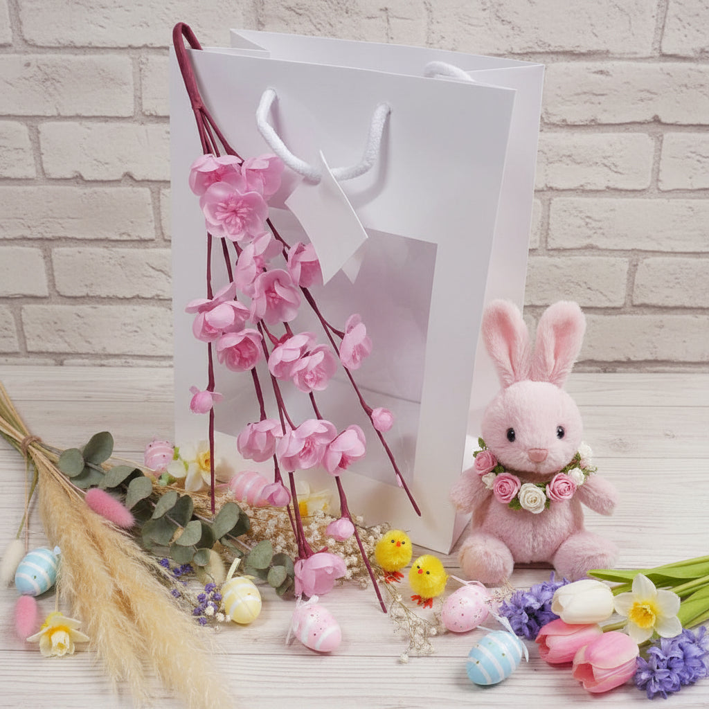 idea fai da te riempitivo packaging confezione regalo shopper borsina con ramo grande vetrina fiori di pesco finti artificiali rosa chiaro composizione piantina addobbi decorazioni vetrine negozio primavera pasquale