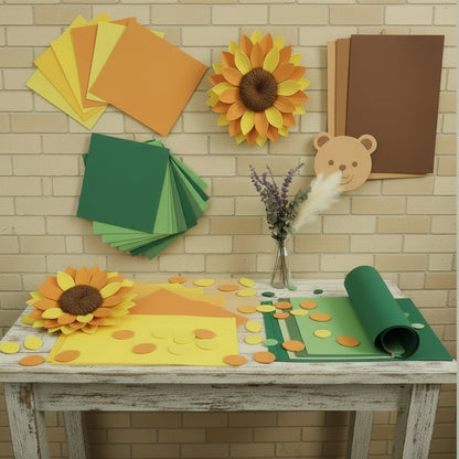 orso girasole foglie petali colori marrone giallo arancione verde misto assortimento fommy seta 0.7 mm gomma crepla eva sottile uso fiori pupazzi foglie