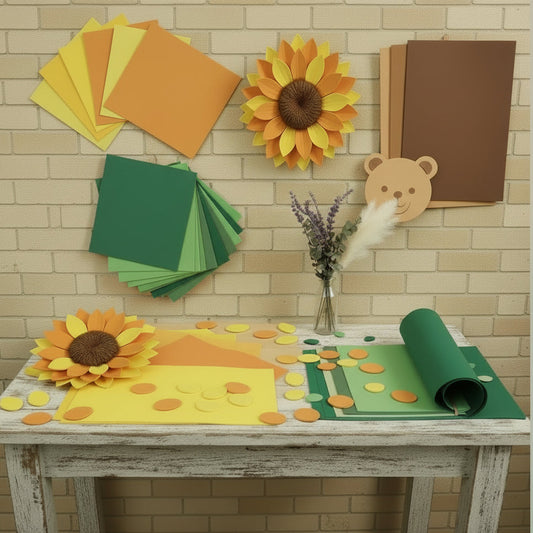 orso girasole foglie petali colori marrone giallo arancione verde misto assortimento fommy seta 0.7 mm gomma crepla eva sottile uso fiori pupazzi foglie