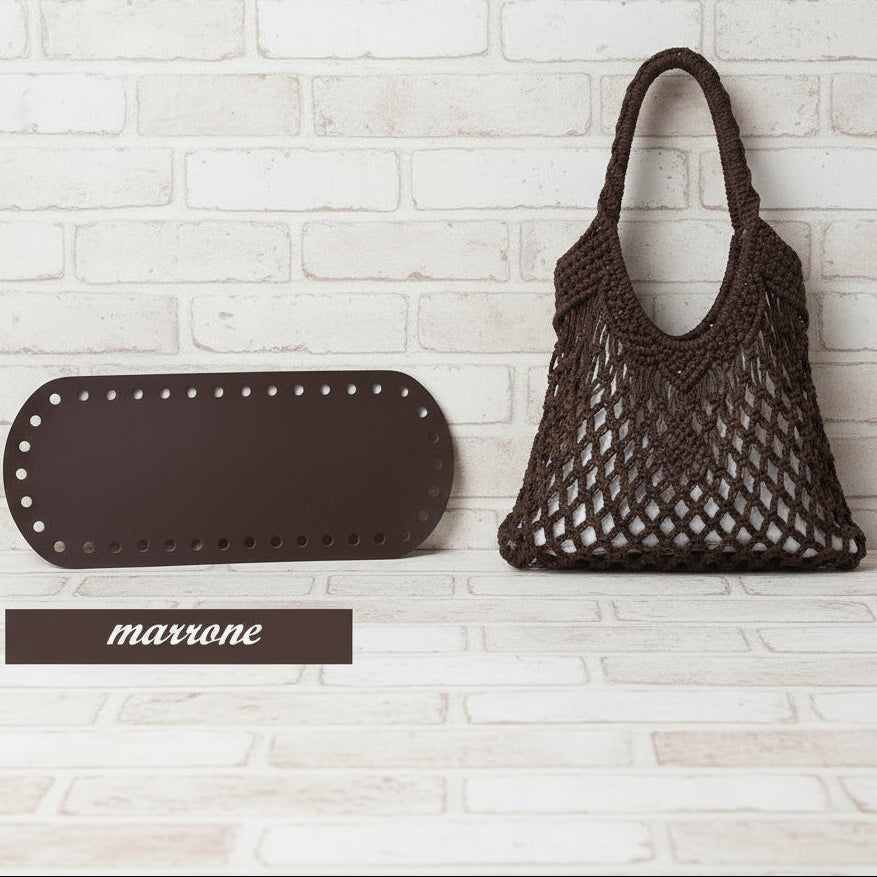 marrone scuro fondo base fond de poche ecopelle similpelle cuoio rigenerato 8 x 21 cm ovale forato tecnica granny mattonelle crochet per borsa pochette uncinetto lycra pizza clutch bag a rete