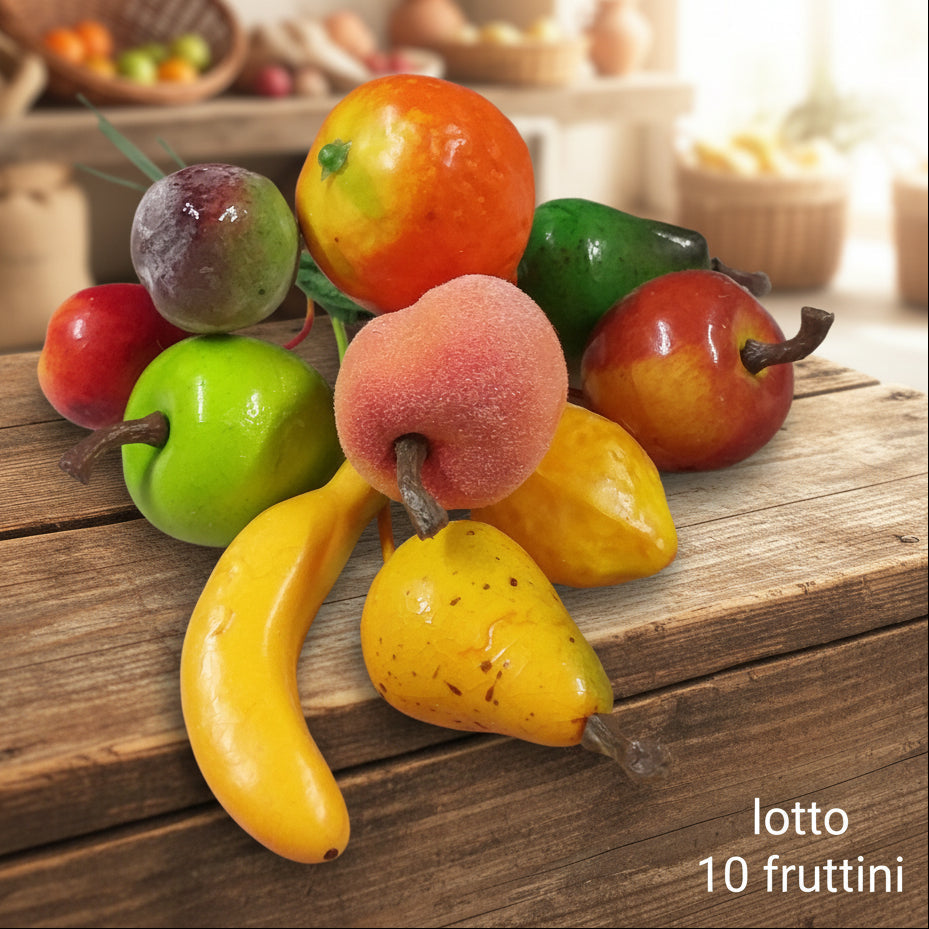 arancia fragola mela verde rossa limone pera pesca banana pick miniatura su filo di ferro frutta finta artificiale decorativa vendita online per addobbi Natale centrotavola bomboniere composizioni pasquali