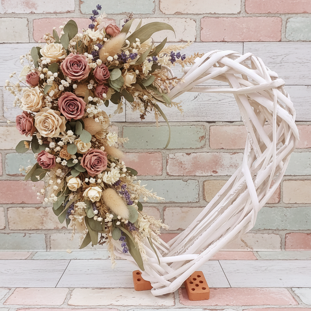 cuore grande vimini bianco intrecciato ghirlanda grande rattan di midollino viticcio uso cornice da decorare fuoriporta allestimento san valentino festa mamma natale pasqua idea con composizioni fioristi fiori secchi