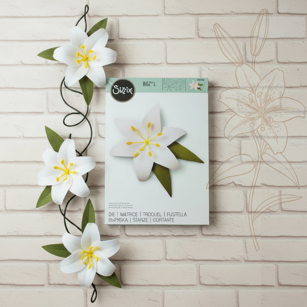 idea creare giglio pannolenci bianco e verde salvia con sutella matrice die bigz sizzix bigshot disegno tecnico sul muro