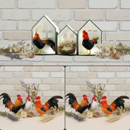gallo gallina piume ciniglia statuette gallinacei miniature 8 cm allestimento pollaio decorazioni pasquali addobbi primaverili fai da te vetrine packaging chiudipacco uova sorpresa