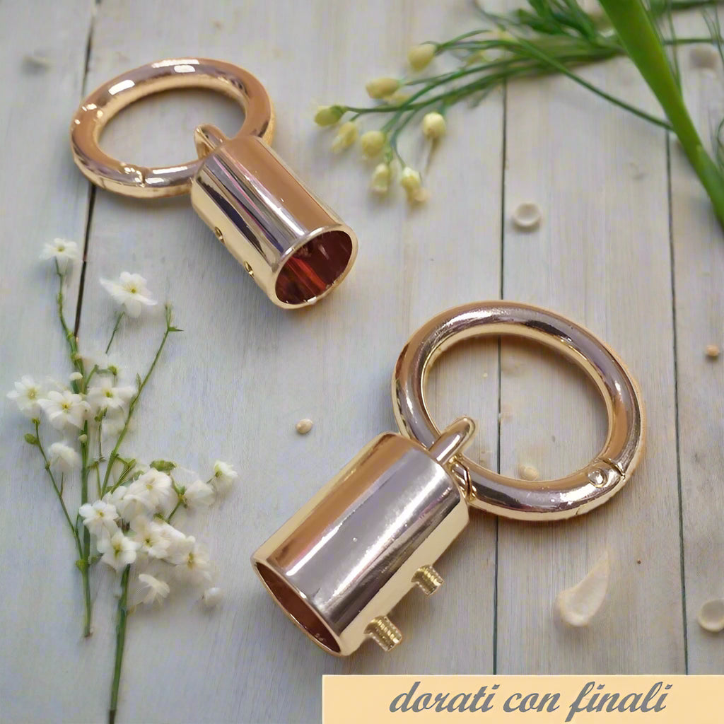 colore oro dorato minuterie moschettoni chiusure anello e connettore attacco finale con viti ad uso accessori borse  fai da te per manici e nappine decorative
