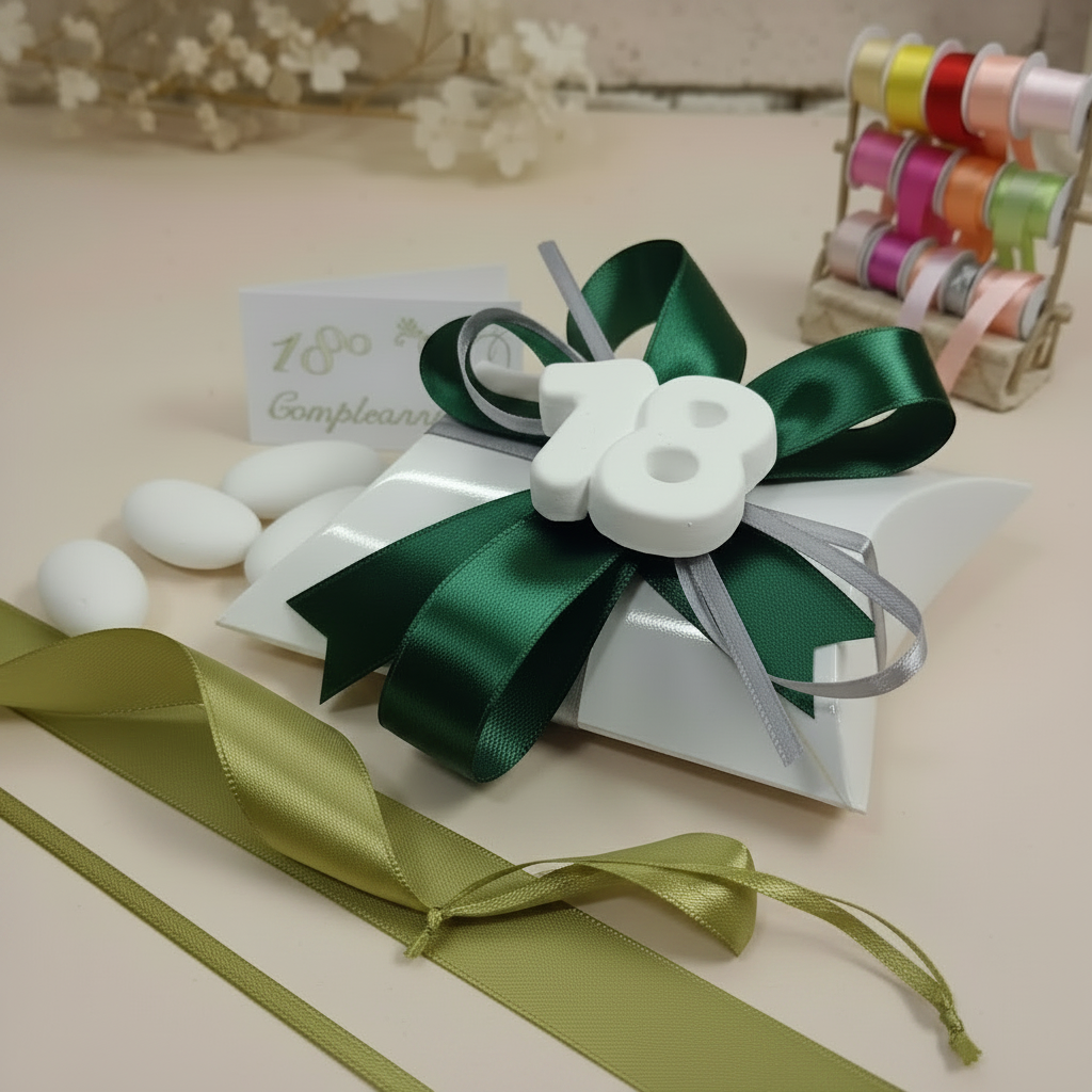 18 anni diciottesimo compleanno bigliettino bianco oro confettata 3 confetti mandorla bianchi bustina economica originale confezionata gessetto fiocco coccarda verde muschio
