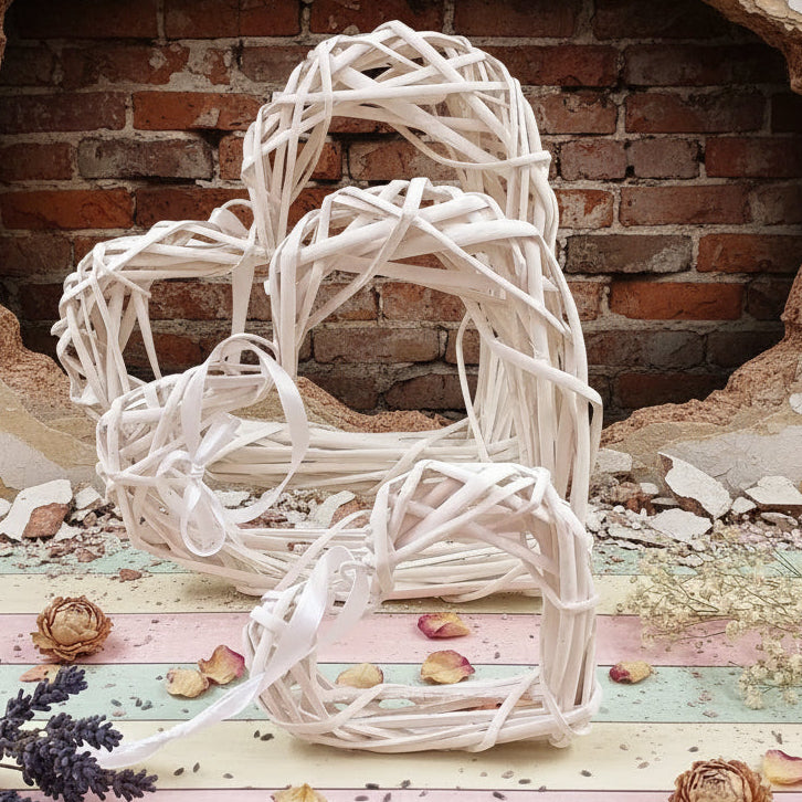 misure piccolo medio grande cuore vimini bianco intrecciato ghirlanda rattan di midollino viticcio uso cornice da decorare fuoriporta allestimento san valentino festa mamma natale pasqua fiocco nascita coccarda