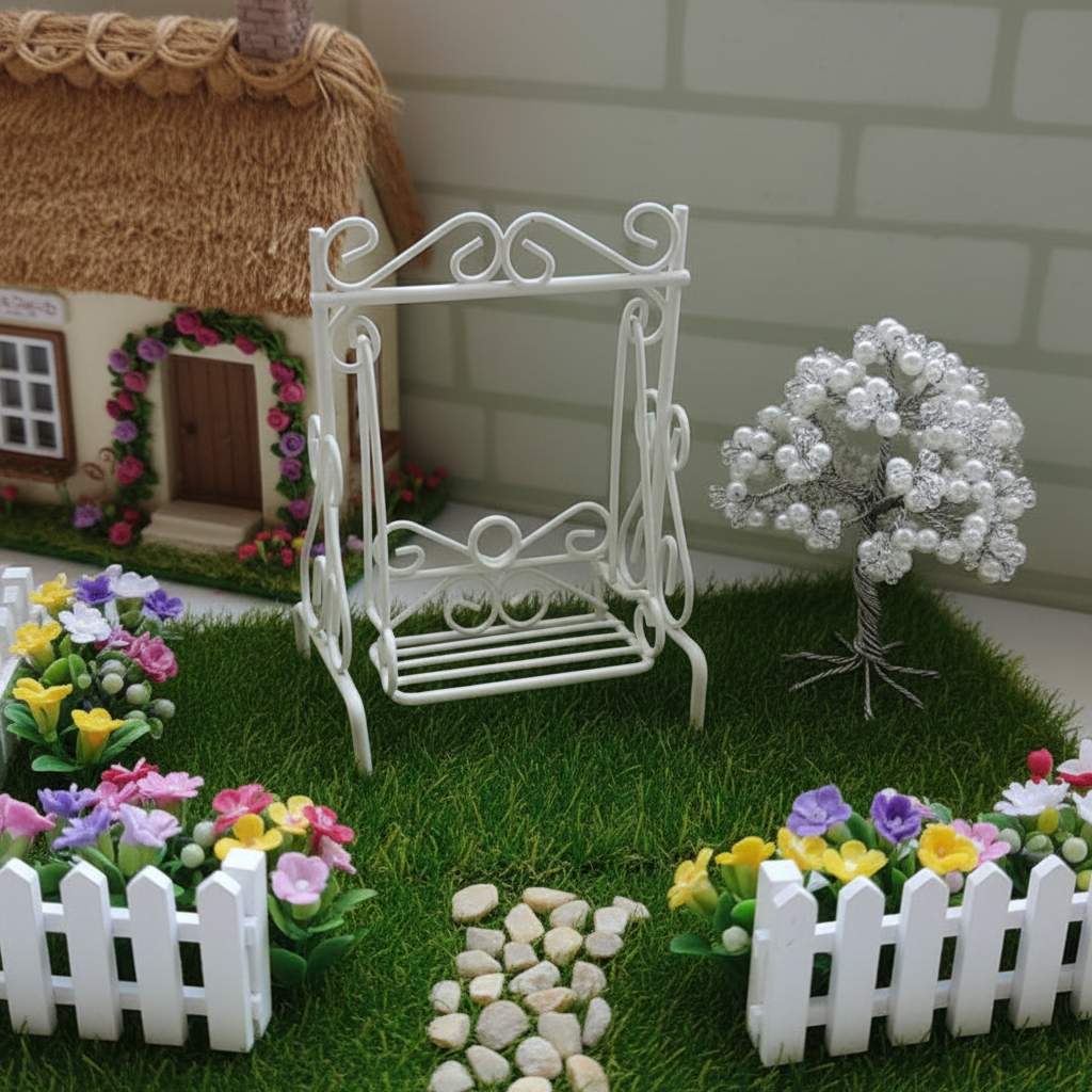 mini altalena dondolo 7 x 5 x 9 cm di metallo laccato bianco con mini bonsai perline idea ambiente mini giardino arredamento presepe o casa bambole recinto fiorellini
