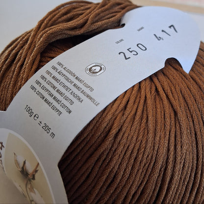 etichetta 100 g circa 205 metri colore 250 bagno 417 Caramello-mou Cablé 4 Silke Arvier filo cotone makò egiziano marrone chiaro filato estivo uso uncinetto top maglie costumi borse