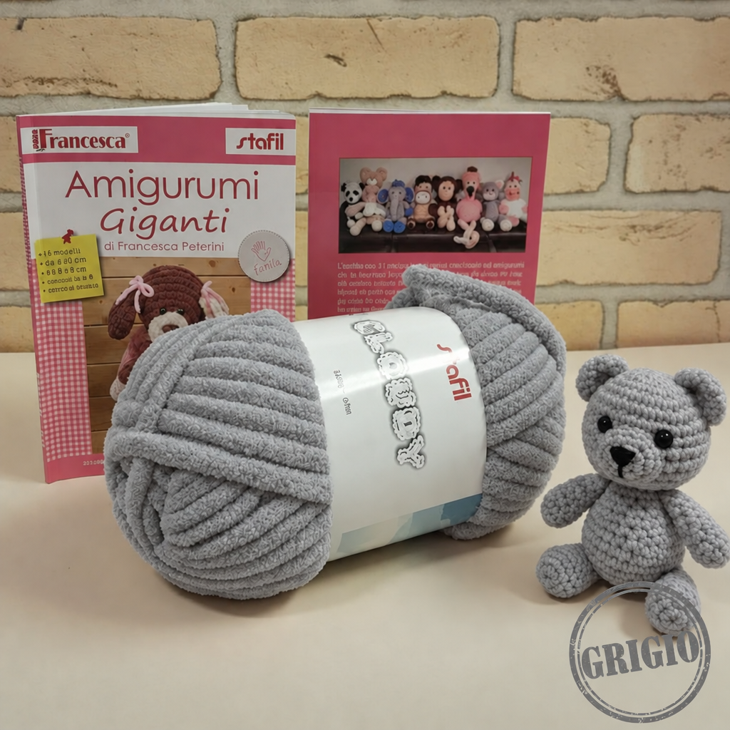 grigio filato Cloudy fettuccia e libretto 8 progetti animaletti 60 cm uncinetto 9 facile veloce amigurumi giganti orso e piccolo orsetto maxi peluche di cordoncino da sferruzzare a mano per bambini neonati cameretta fiocco nascita
