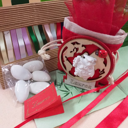 packaging e portaconfetti piantina forma mappamondo globo legno naturale rosso scritta laurea coccinella portafortuna gufo saggio gessetto sacchettino juta lino bomboniera da confezionare kit fai da te nastri rossi o altri colori tulle confetti bigliettino
