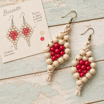 bozzetto orecchini con perline di legno naturali e rosse, intreccio macramè di cordino