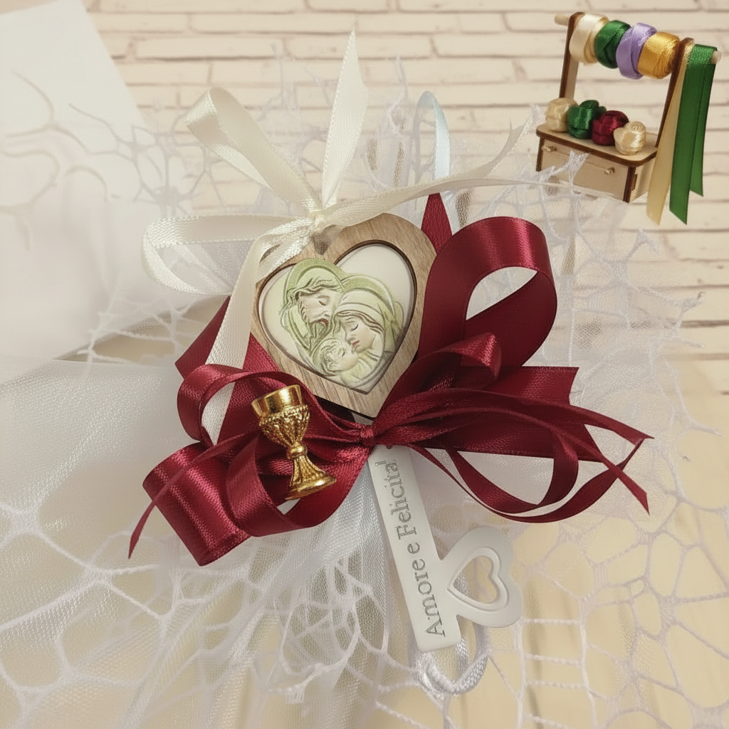 bordeaux e scelta colori comunione cresima maschietto bambina bambino bomboniera chiave icona religiosa sacra confezionata confetti sacchetto a rete coccarda