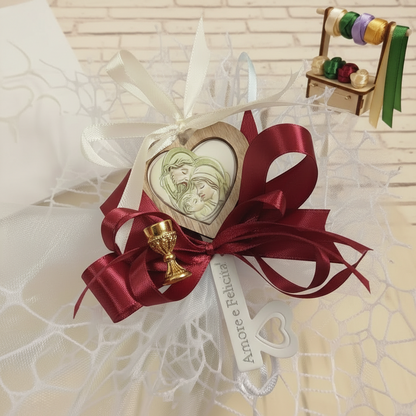 bordeaux e scelta colori comunione cresima maschietto bambina bambino bomboniera chiave icona religiosa sacra confezionata confetti sacchetto a rete coccarda