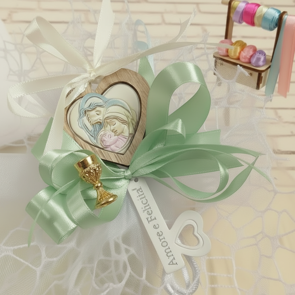 verde salvia e scelta colori comunione cresima maschietto bambina bambino bomboniera chiave icona religiosa sacra confezionata confetti sacchetto a rete coccarda