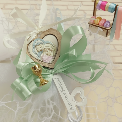 verde salvia e scelta colori comunione cresima maschietto bambina bambino bomboniera chiave icona religiosa sacra confezionata confetti sacchetto a rete coccarda