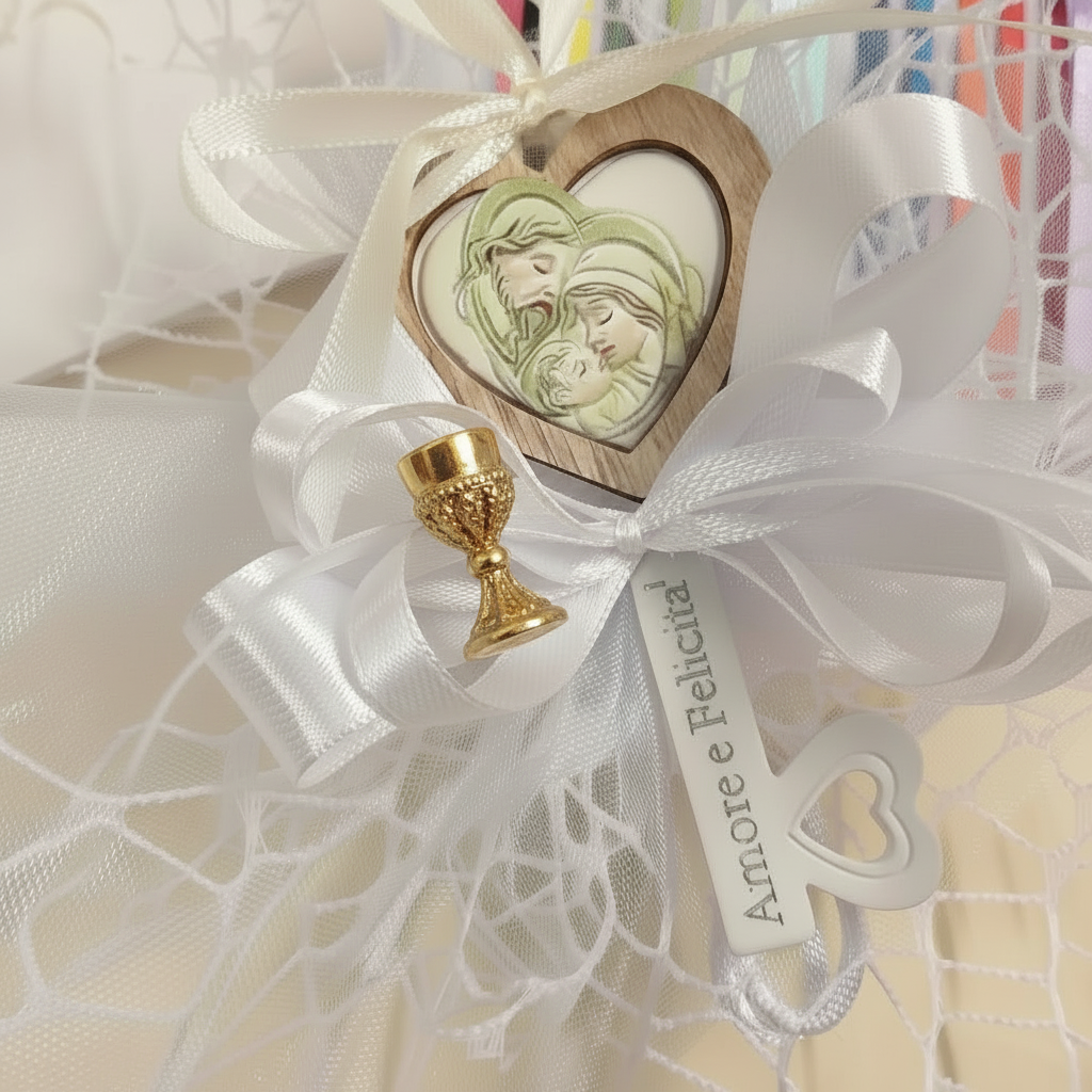 bianco e scelta colori comunione cresima maschietto bambina bambino bomboniera chiave icona religiosa sacra confezionata confetti sacchetto a rete  coccarda