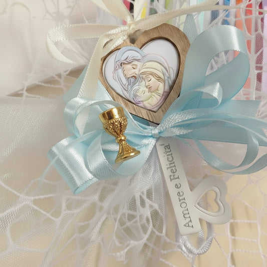 scelta colori comunione cresima maschietto bambino bomboniera chiave icona religiosa sacra confezionata confetti sacchetto a rete coccarda azzurra