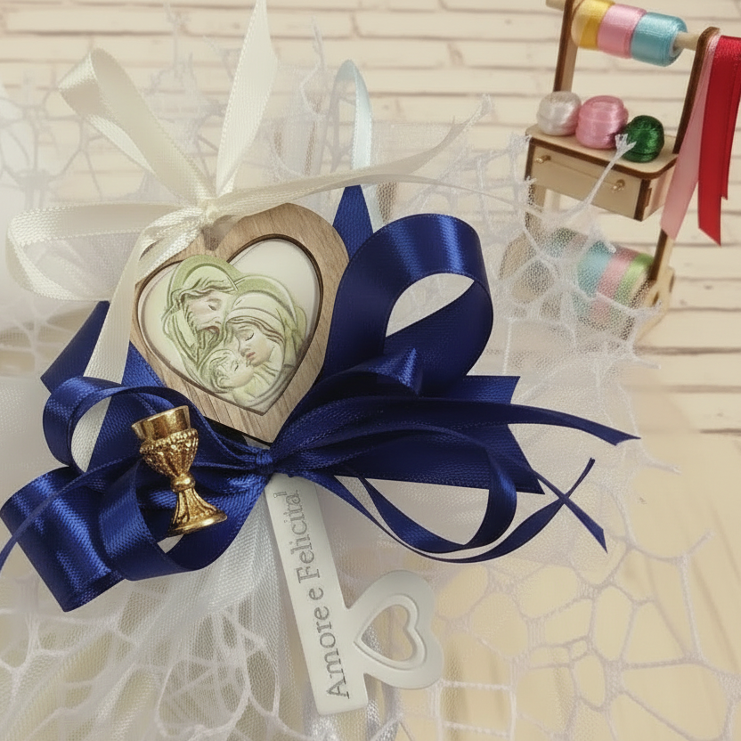blu e scelta colori comunione cresima maschietto bambina bambino bomboniera chiave icona religiosa sacra confezionata confetti sacchetto a rete coccarda
