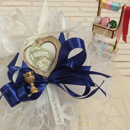 blu e scelta colori comunione cresima maschietto bambina bambino bomboniera chiave icona religiosa sacra confezionata confetti sacchetto a rete coccarda