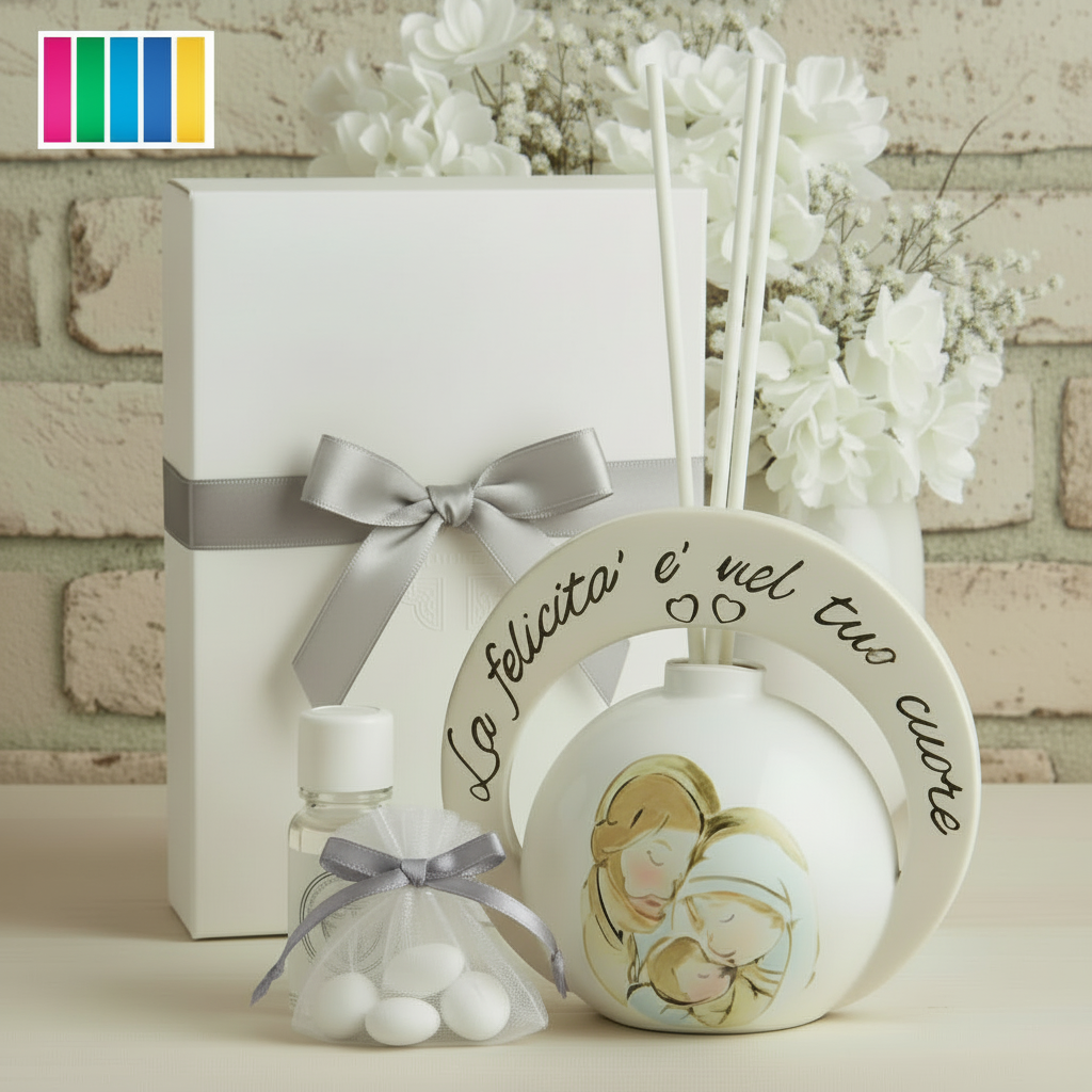 packaging grigio shabby icona moderna Sacra Famiglia bomboniera religiosa utile diffusore ambiente profumatore confezionata scatola nastro sacchetto tulle di confetti essenza profumata scelta colori nastrino , allestimento Prima Comunione Battesimo Santa Cresima matrimonio anniversario nozze