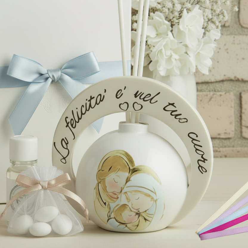 packaging colori marshmallow per icona moderna Sacra Famiglia bomboniera religiosa utile diffusore ambiente profumatore confezionata scatola nastro sacchetto tulle di confetti essenza profumata scelta colori nastrino , allestimento Prima Comunione Battesimo Santa Cresima matrimonio anniversario nozze