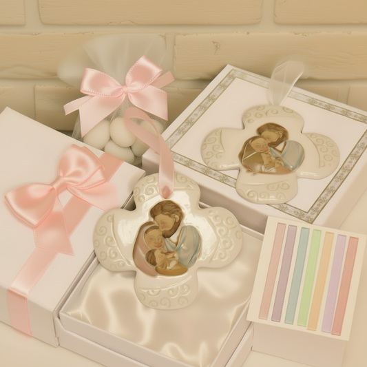 confezionamento artigianale icona  Comunione Cresima insieme bomboniera sacra religiosa ricordino Sacra Famiglia Croce di porcellana da appendere confezionata confetti tulle scatola astuccio e packaging rosa femmina ragazza bambina pastello